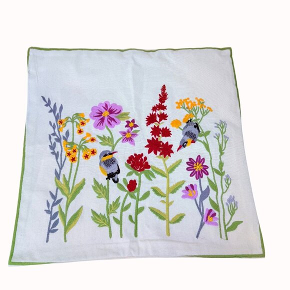 Embroidered Floral Bird Pillow Covers Set of 2 Square Decorative Throw Botanical - Picture 12 of 13